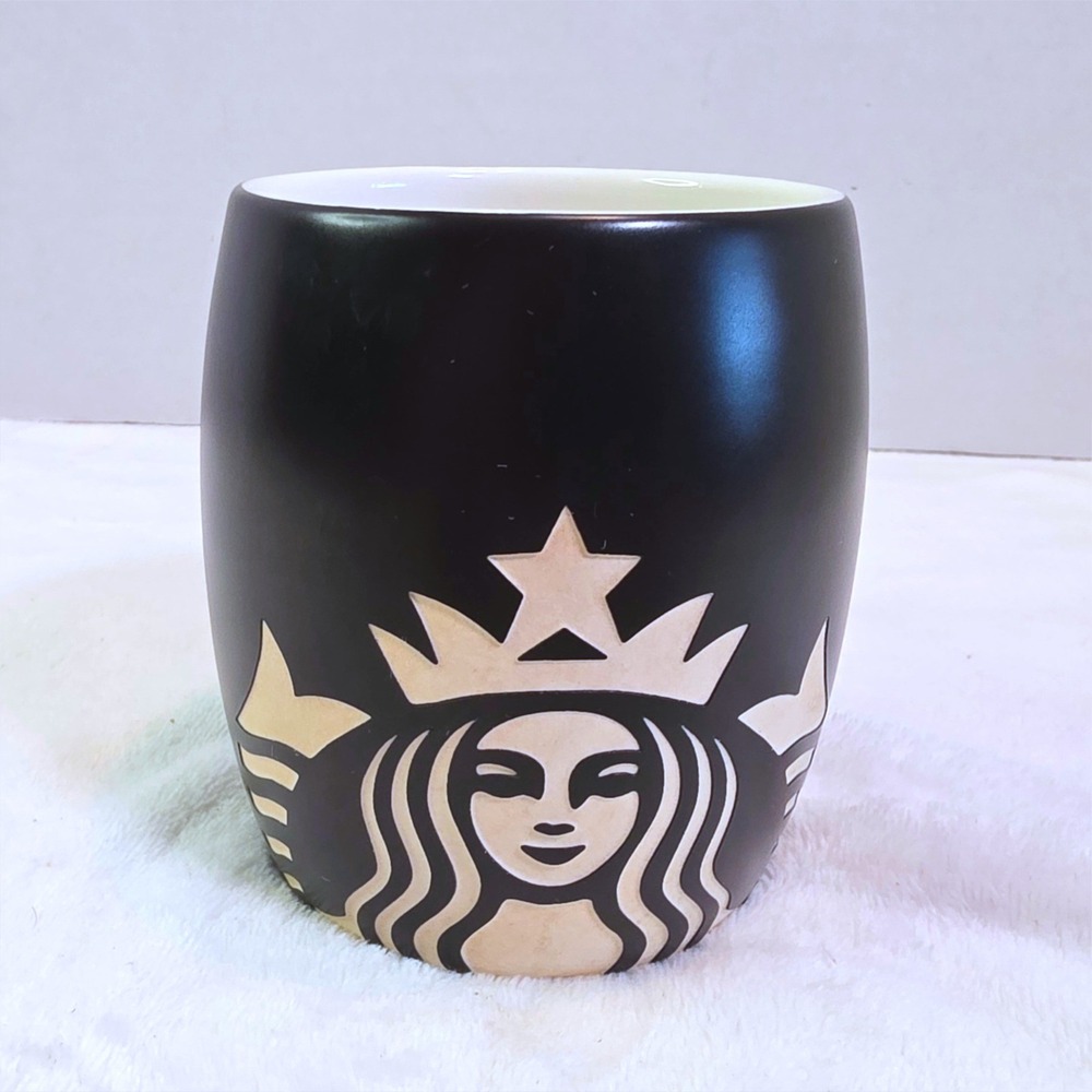 Starbucks 2011 Siren Coffee Mug Matte Black Debossed Mermaid Logo Ceramic 12oz